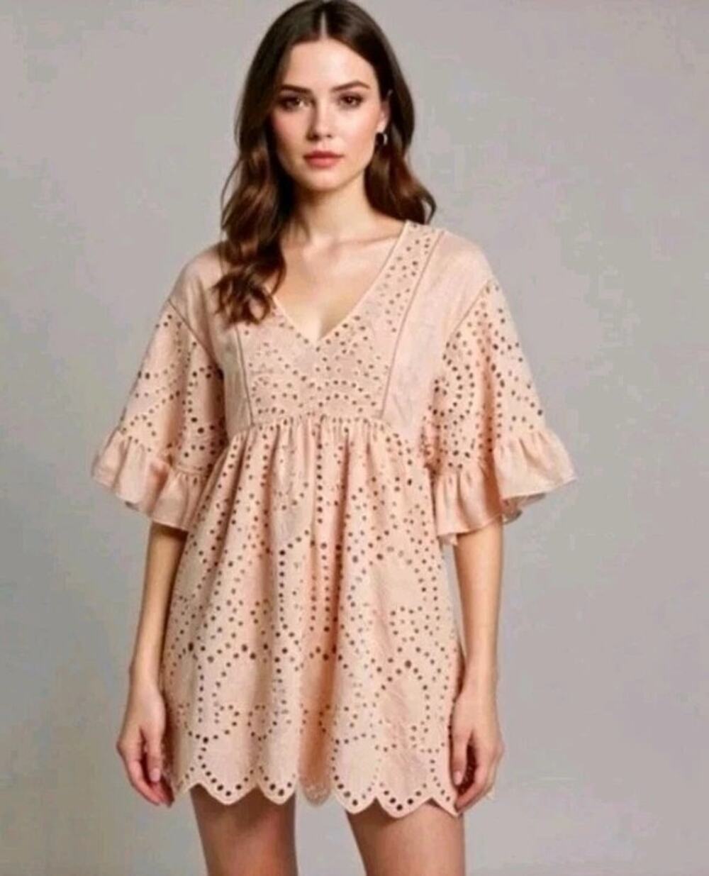 Anthropologie Akemi + Kin Brooke Pink Eyelet Ruffle Mini Babydoll Dress Size 2